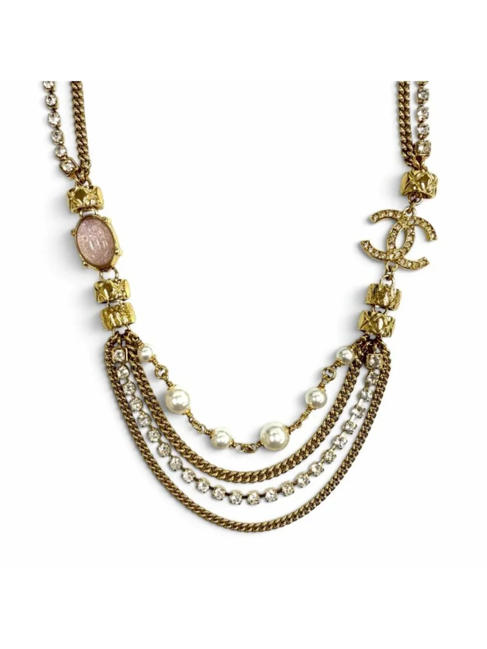 Chanel CC Logo Eco Pearl Stone Crush Chain Necklace Gold Pink White
